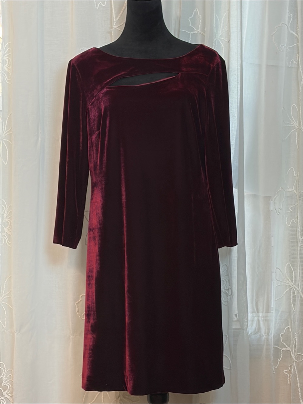 Donna Morgan Wine Velvet Long Sleeve Dress with Keyhole A-Line size 14